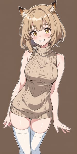 masterpiece,best quality,detailed faces and eyes,1girl, breasts,complex_background,1detailed hand, brown_shirt, solo, short_hair, smile, sweater, turtleneck,ribbed_sweater, blush, sleeveless, brown_sweater, looking_at_viewer, brown_eyes, outline, blonde_hair, upper_body, bare_shoulders, brown_hair, grin, sleeveless_turtleneck, yellow_eyes,cartoon ,stockings,thigh_highs,magallan_arknights