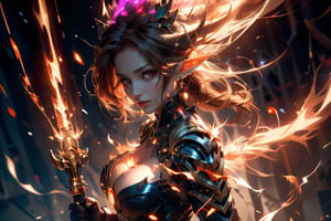 elf_ears,elf_(species),shock spell,electricity,sole_female,close_up,midjourney,flame,red_eyes,longhair,dynamic pose,demonic eyes,mommy,huge_breasts,master weapon,leaf suit