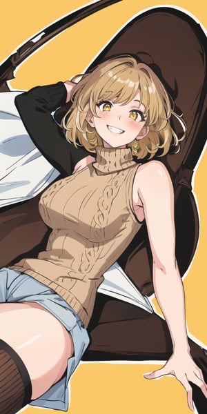 masterpiece,best quality,detailed faces and eyes,1girl, breasts,complex_background,1detailed hand, brown_shirt, solo, short_hair, smile, sweater, turtleneck,ribbed_sweater, blush, sleeveless, brown_sweater, looking_at_viewer, brown_eyes, outline, blonde_hair, upper_body, bare_shoulders, brown_hair, grin, sleeveless_turtleneck, yellow_eyes,cartoon ,thigh-highs,city_background,