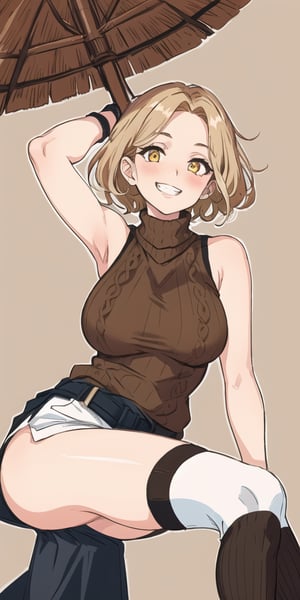 masterpiece,best quality,detailed faces and eyes,1girl, breasts,complex_background,1detailed hand, brown_shirt, solo, short_hair, smile, sweater, turtleneck,ribbed_sweater, blush, sleeveless, brown_sweater, looking_at_viewer, brown_eyes, outline, blonde_hair, upper_body, bare_shoulders, brown_hair, grin, sleeveless_turtleneck, yellow_eyes,cartoon ,stockings,thigh-highs