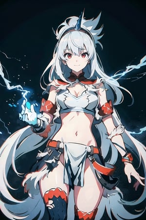 (masterpiece, best quality), intricate details, perfectly drawn face, 1 girl, (revealing_clothes:1.2), wide smile, dynamic pose, shock spells, storm summoning, electrifying presence, (torn clothes:1.2),Detailedface,GlowingRunes_blue,kirin armor,whitehead,whiteskadi,redhat,red_eye,long_hair,fate/stay background