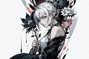 Create an image of a lonely elf woman who has endured many trials. She stands holding a wilted flower in her hand, its drooping petals reflecting her shattered heart. Her graceful face appears pale, and her large, shimmering eyes convey deep sorrow and exhaustion. Her slender shoulders slump, and her body is slightly bent, indicating the heavy burden she carries. Despite the sadness in her gaze, there is a glimmer of resilience, showing the strength that has kept her going. Tears gently stream down her cheeks, adding to the somber and solitary atmosphere she feels.
