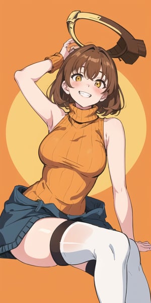 masterpiece,best quality,detailed faces and eyes,1girl, breasts,complex_background,1detailed hand, orange_shirt, solo, short_hair, smile, sweater, turtleneck,ribbed_sweater, blush, sleeveless, orange_sweater, looking_at_viewer, brown_eyes, outline, blonde_hair, upper_body, bare_shoulders, brown_hair, grin, sleeveless_turtleneck, yellow_eyes,cartoon ,stockings,thigh_highs