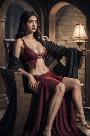 Full body, a Indian model kriti sanon as a game of thrones character ,  detailed face,  deep cleavage,  navel,  clear face,  Portrait, cinematic shot of game of thrones,  game of thrones dress, dragons in the background 