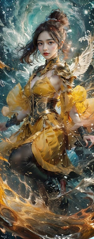 hyper realistic,hyper real,1girl,Chinese girl, fiercely lunges towards her enemy, star in eye, blush, perfect illumination, caramel hair styled as short hair, bright red hair, wearing golden headband around the head, star jewel earing, black eyes,  dressed in outfit with outer golden chest armor, beautiful wings, spraying water droplets in all directions, Gorgeous, ethereal aura, ray tracing, sidelighting, detailed face, bangs, bright skin, dreamlike atmosphere, starry nebula background, Sharp glossy focus, equirectangular 360, Highres 8k, extreme detailed, aesthetic, masterpiece, best quality, rich texture, kinetic move effect, colorful,Movie Still,solo,r1ge,
frown,