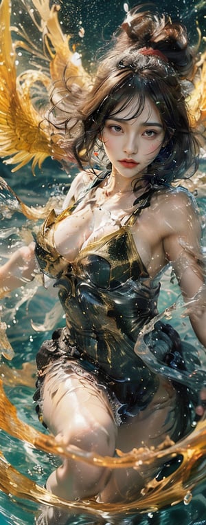 hyper realistic,hyper real,1girl,Chinese girl, fiercely lunges towards her enemy, star in eye, blush, perfect illumination, caramel hair styled as short hair, bright red hair, wearing golden headband around the head, star jewel earing, black eyes,  dressed in outfit with outer golden chest armor, beautiful wings, spraying water droplets in all directions, Gorgeous, ethereal aura, ray tracing, sidelighting, detailed face, bangs, bright skin, dreamlike atmosphere, starry nebula background, Sharp glossy focus, equirectangular 360, Highres 8k, extreme detailed, aesthetic, masterpiece, best quality, rich texture, kinetic move effect, colorful,Movie Still,solo,r1ge,
frown,