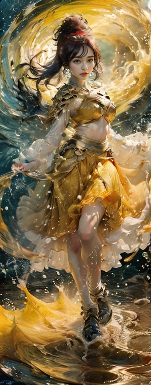 hyper realistic,hyper real,1girl,indian girl, Shirley setia ,fiercely lunges towards her enemy, star in eye, blush, perfect illumination, caramel hair styled as short hair, bright red hair, wearing golden headband around the head, star jewel earing, black eyes,  dressed in outfit with outer golden chest armor, beautiful wings, spraying water droplets in all directions, Gorgeous, ethereal aura, ray tracing, sidelighting, detailed face, bangs, bright skin, dreamlike atmosphere, starry nebula background, Sharp glossy focus, equirectangular 360, Highres 8k, extreme detailed, aesthetic, masterpiece, best quality, rich texture, kinetic move effect, colorful,Movie Still,solo,r1ge,
frown,