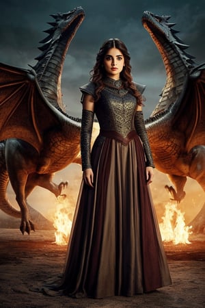 Full body, a Indian model Shirley setia as a game of thrones character ,  detailed face,  clear face,  Portrait, cinematic shot of game of thrones,  game of thrones dress, dragons in the background 