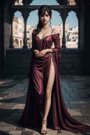 Full body, a Indian model Shirley setia as a game of thrones character ,  detailed face,   clear face,  Portrait, cinematic shot of game of thrones,  game of thrones dress, dragons in the background 