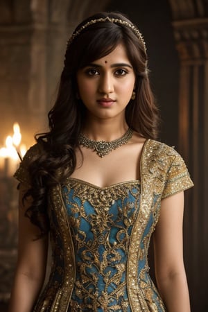 Full body, a Indian model Shirley setia as a game of thrones character ,  detailed face,   clear face,  Portrait, cinematic shot of game of thrones,  game of thrones dress, dragons in the background