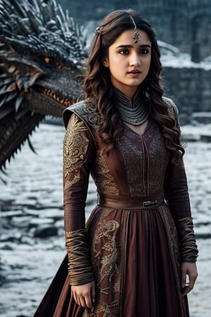 Full body, a Indian model Shirley setia as a game of thrones character ,  detailed face,  clear face,  Portrait, cinematic shot of game of thrones,  game of thrones dress, dragons in the background 