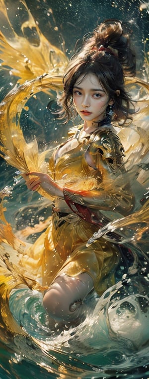 hyper realistic,hyper real,1girl,Chinese girl, fiercely lunges towards her enemy, star in eye, blush, perfect illumination, caramel hair styled as short hair, bright red hair, wearing golden headband around the head, star jewel earing, black eyes,  dressed in outfit with outer golden chest armor, beautiful wings, spraying water droplets in all directions, Gorgeous, ethereal aura, ray tracing, sidelighting, detailed face, bangs, bright skin, dreamlike atmosphere, starry nebula background, Sharp glossy focus, equirectangular 360, Highres 8k, extreme detailed, aesthetic, masterpiece, best quality, rich texture, kinetic move effect, colorful,Movie Still,solo,r1ge,
frown,