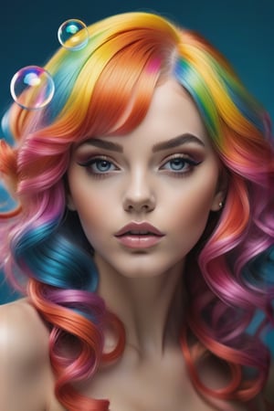 Close-up of an model with colorful hair in the style of vogue,bubbles, ultra realistic photograph