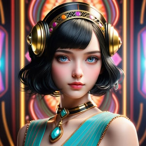  realistic portrait, mute colors, 20s style, flapper dj girl,  black hair, art deco. cinematic colorful  lighting, ethereal light, intricate details, extremely detailed, incredible details, full colored, complex details, hyper maximalist, gorgeous light and shadow, detailed decoration, detailed lines. masterpiece, best quality, HDR, UHD, unreal engine. looking at the camera, fair skin, beautiful face, beautiful eyes, perfect eyes, beautiful nose, full_body, symetrical body position