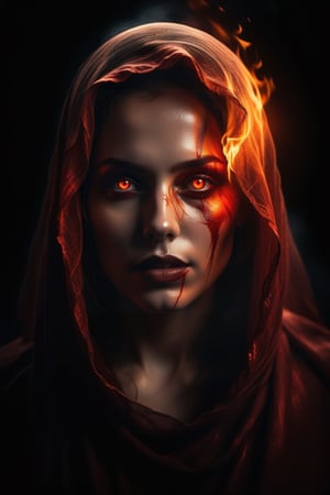 Generate an image of a woman's face half veiled in shadow, half illuminated by a fiery red glow, symbolizing the internal struggle between light and darkness, love and evil, within the human soul. super dark and gory

, cinematic moviemaker style,darkart