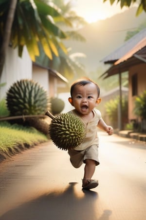 a cute baby boy stole a durian, sceaming and running, chased by an angry woman behind, background indonesian village,Movie Still,cinematic  moviemaker style, and the sun is casting a warm glow over the scene. Use warm colors and soft lighting to create a dreamy, romantic atmosphere