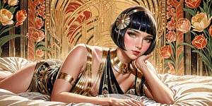 A realistic portrait of a dj woman, on bed, bob hair, bangs, 1920s, Taishō Roman, modan garu, flapper girl, stardom, beautiful, glamorous, art deco, retro, old fashioned, 
looking at viewer, eye contact, vibrant, vivid, (background of fabric with black&gold&tan art-deco abstract geometric flowers), old technicolor film style, film grain, aged film stock, insanely detailed, masterpiece, extraordinary achievement, award-winning,photo r3al