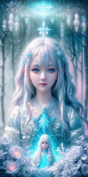 medium full shot, details face, white skin, white hair, white, Ultra detailed illustration of a girl lost in a magical world full of wonders, (unique luminous forest), highly detailed, pastel colors,  digital art, art by Mschiffer, night, dark, bioluminescence,Holy light