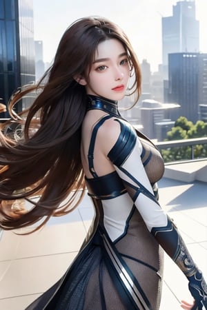 8k beautiful cyborg with brown hair flying in the wind, intricate, graceful, highly detailed, majestic, digital photography, standing in the middle of a sparkling modern city (masterpiece, side light, highly detailed beautiful eyes: 1.2 ), hdr, (background window detailed to new dimensions, plants and flowers:0.7) infinity, infinity symbol,