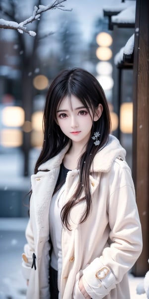 best quality,HDR,UHD,8K,Vivid Colors,solo,photo_,(1girl:1.3),(standing:1.3),(looking at viewer:1.4),Elegant,detailed gorgeous face,(upper body:1.2),bright,(snowing background:1.2),(pale skin:1.4),,Twinkle,pink coat,fur collar,bow,