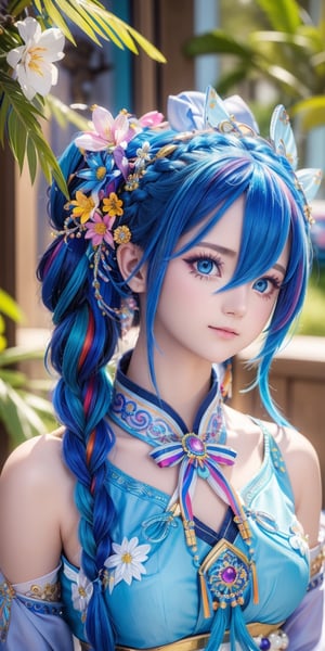 Ultra realistic,1 girl,beautiful blue eyes,superbly crafted updo hairstyles,amazingly intricate updo hair,7 colorful hair colors,each meticulously created braid decorated with ((delicate accessories and beads,aesthetic,Rainbow haired girl)) ,Realistic Blue Eyes,Flower queen, portrait, close shot, serious face, 
,Illustration