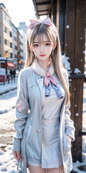 best quality,HDR,UHD,8K,Vivid Colors,solo,photo_,(1girl:1.3),(standing:1.3),(looking at viewer:1.4),Elegant,detailed gorgeous face,(upper body:1.2),bright,(snowing background:1.2),(pale skin:1.4),,Twinkle,pink coat,fur collar,bow