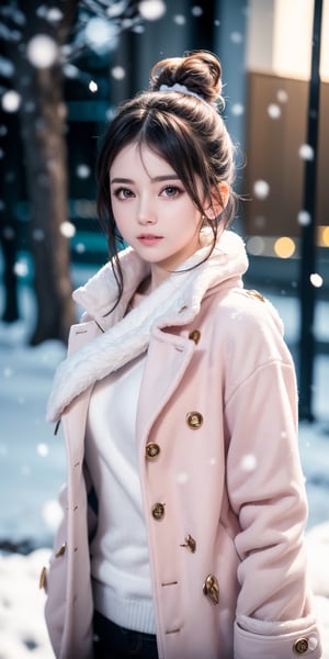 best quality,HDR,UHD,8K, solo, realisitic photo, RAW photo, (1girl:1.3),(standing:1.3),(looking at viewer:1.4),Elegant,detailed gorgeous face,(upper body:1.2),bright,(snowing background:1.2),(pale skin:1.4),,Twinkle,pink coat,fur collar,bow, (((messy bun))), 
