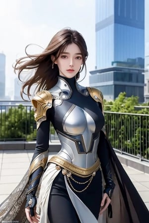 8k beautiful cyborg with brown hair flying in the wind, intricate, graceful, highly detailed, majestic, digital photography, standing in the middle of a sparkling modern city (masterpiece, side light, highly detailed beautiful eyes: 1.2 ), hdr, (background window detailed to new dimensions, plants and flowers:0.7) infinity, infinity symbol,