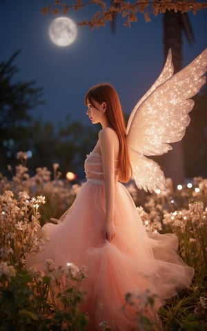 high quality, 8K Ultra HD, Enchanted Moonlit Garden, In the heart of the garden stands a beautiful graceful Angel-like figure, adorned in delicate, flowing garments that shimmer with starlight, Her wings glisten with moonbeams as she spreads a sense of wonder and tranquility, Step into a realm of enchantment with this mesmerizing digital artwork, The scene unfolds in a moonlit garden filled with ethereal beauty, Glowing moonflowers and luminescent fireflies create an otherworldly glow, casting a magical ambiance over the scene, The color palette is a delicate mix of cool brown and soft pink, by yukisakura, highly detailed, (long flowing hair by the wind:1.5),Una