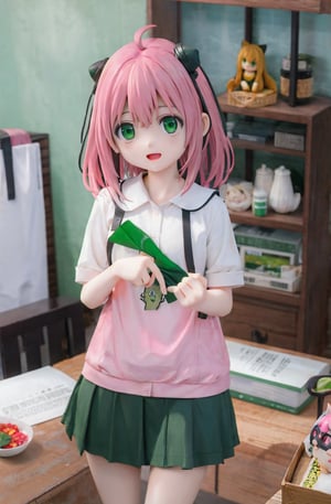 Best Quality, Masterpiece, Hi-Res, Solo, (anya_forger_spyxfamily:1.15), (((Pink Hair, more big eyes, Green Eyes))), Open Mouth, Bangs, 1 Girl, Closed Mouth, Meme, Ahoge, Upper Body , medium hair, forest, 15 years old, serafuku, bookshelf, petite, small, bob cut, 
