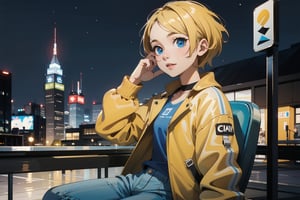 best quality, girl, short hair, yellow_hair, right sided hair, blue eyes, (detailed face), short_pants, shirt, jacket, city, night, sitting, ambitious girl