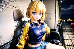 best quality, girl, short hair, yellow_hair, right sided hair, blue eyes, (detailed face), short_pants, shirt, jacket, city, night, sitting, Aggressive girl