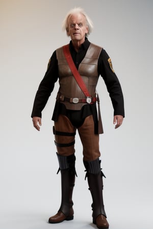 Christopher Lloyd as Doctor Emmett Brown wearing a mandalorian armor. Full body. No helmet, White plain background