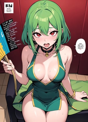 masterpiece, best quality, 1girl, jewelry,red eyes,green hair,dress,fan,holding_fan comic, ,medium breasts, sweating, ahegao_face