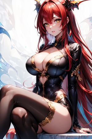 goldendragon hairstyle, outfit-goldendragon, breasts, 1girl, solo, yellow eyes, long hair, cleavage, streaked hair, looking at viewer, red hair, white background, sitting, crossed legs, thighs, big_boobs