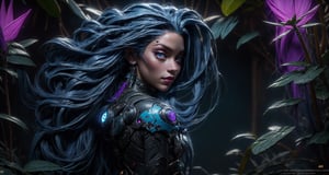 Photograph, photorealism, hyperrealism, cinematic-still frame. Forced wide angle shot. A 3/4 body portrait of an insanely Jinx from arcane League of legends, beautiful long braided blue hair, photo in futuristic garden in the night, detailed face and eyes, detailed background, detailed skin, perfect body, cinematic lighting, realistic, sharp focus. Taken with a Hasselblad H6D-400c MS. Zeiss Otus 70mm lens. ARRI SkyPanels continuous LED lighting. Profoto D2 strobes. High-End Computer Post-Processing. Adobe Photoshop and Lightroom for precise adjustments, retouching, and color grading.,looking_at_viewer,dark studio,MFBP1,photo from behind,back_view,3DMM