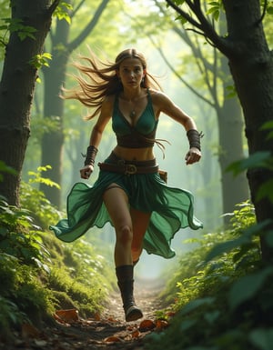 A female elf warrior running through a lush forest,milliebb