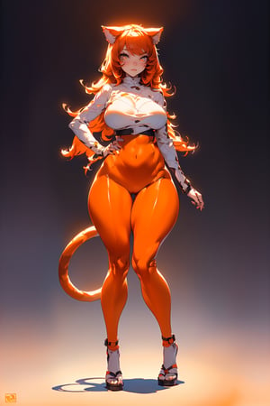 (highres, intricate details, best quality), 1girl, purple eyes, cybepunk, toned, looking at viewer, futuristic city, cinematic lighting, depth_of_field, ((full body shot, long orange hair, nekomimi, perfect breasts, big breasts, fit, skinny, narrow waist, wide_hip, thick thighs):1.5),Japanese girl