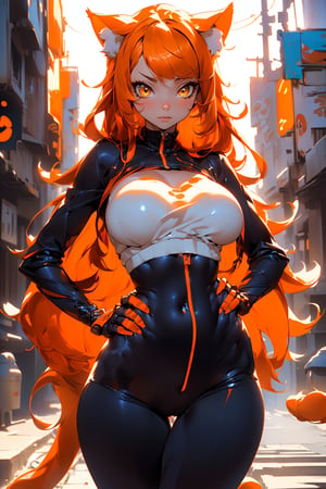 (highres, intricate details, best quality), 1girl, yellow eyes, cybepunk, toned, looking at viewer, futuristic city, cinematic lighting, depth_of_field, ((long orange hair, nekomimi, perfect breasts, big breasts, fit, skinny, narrow waist, wide_hip):1.5),Japanese girl