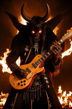 A black demon with two horns on his head and eyes of fire shredding on a guitar made out of skulls and bones of fallen soldiers 