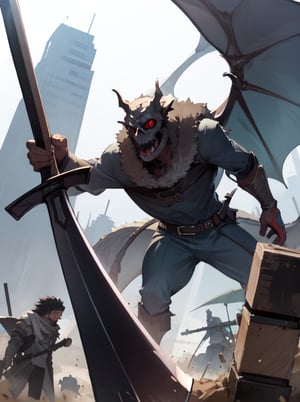 Crazy, dragon slayer, skull mask, giant sword.
