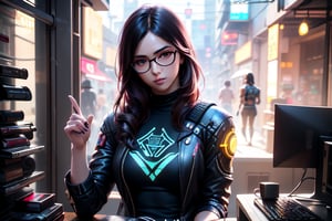 woman in glasses pointing at a computer screen with a plant in the background, cyberpunk 2 0 y. o model girl, realistic artstyle, ross tran style, casual pose, graphic artist artgerm, in the style artgerm, cyberpunk photo, anime girl in real life, ross tran 8 k, style artgerm, cyberpunk beautiful girl,mecha