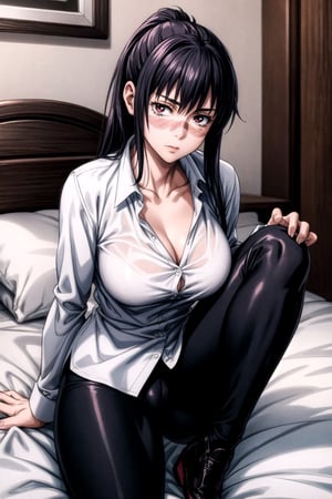 1women, beautiful, looking_at_viewer, thick_body, medium_breast, shy, mature_woman, full_body,  visible collarbone, white shirt, leggings, realistic,long shirt, large_thighs, veiny thighs(2.1), 

 , long_hair, pony_tail, bedroom, sitting, high_resolution, 

,utahime iori, scar on face