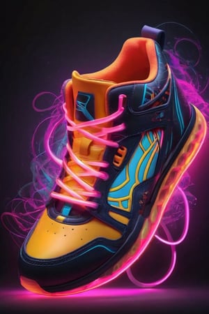 Create an image of a sneaker with vibrant neon light outlines against a dark background, highlighting the contours and design features of the shoe. The sneaker should have a modern and stylish design, with visible brand logos and an array of glowing lights integrated into the sole to give the impression of futuristic footwear.