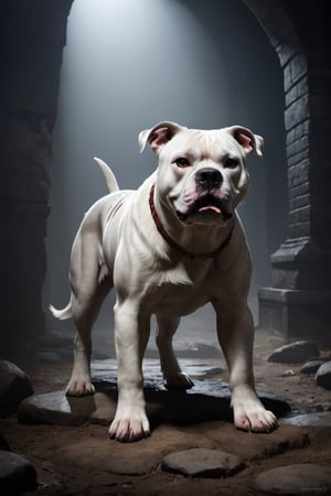 In the dim, eerie glow of moonlight, set the stage for a chilling tableau where the loyal and misunderstood American Bulldog finds itself amidst a scene of horror and despair. Envision a spectral realm where shadows dance ominously, cloaking the surroundings in an aura of foreboding.

Within this sinister landscape, place a solitary American Bulldog its muscles tense and fur bristling with unease as it navigates the labyrinthine depths of fear. Let the flickering light reveal the haunting specters that lurk in the shadows, their presence evoking a sense of primal dread.

As the American Bulldog's keen senses heighten, depict its gaze piercing through the darkness, reflecting a mix of apprehension and determination. Perhaps it encounters eerie apparitions or hears unsettling whispers echoing through the void, heightening the sense of suspense and trepidation.

Through masterful use of light and shadow, infuse the scene with an air of macabre mystery, where every corner holds the promise of lurking danger. Capture the essence of the American Bulldog's resilience and courage in the face of the unknown, juxtaposed against the backdrop of palpable terror.

In this stable diffusion image, immerse the viewer in a haunting narrative that explores the American Bulldog's journey through the shadows of fear, evoking a potent blend of horror and empathy for this oft-misunderstood breed.