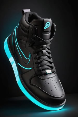 Create an image of a sneaker with vibrant neon light outlines against a dark background, highlighting the contours and design features of the shoe. The sneaker should have a modern and stylish design, with visible brand logos and an array of glowing lights integrated into the sole to give the impression of futuristic footwear.