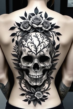 back bone tattoo detailed skull design intertwined with various botanical elements like vines, flowers, and leaves. The contrast between the skull and the delicate plants creates a striking visual effect, often rendered in black and grey with fine line work and shading.