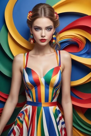 Generate a surreal image of a woman wearing an elegant dress inspired by the design and colors of the Google logo. The dress should be form-fitting and flow around her body in abstract shapes and patterns reminiscent of the playful Google logo lettering and color scheme of blue, red, yellow, and green. The dress fabric should have an ethereal, rippling quality as if it's made of ribbons of colorful light. The woman's hair and makeup should also incorporate the Google colors and motifs in a stylized, avant-garde way. The background can be a plain studio setting or an abstract multicolored space that complements the dress design.