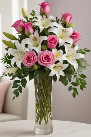 A tall glass vase with pink roses and white lilies