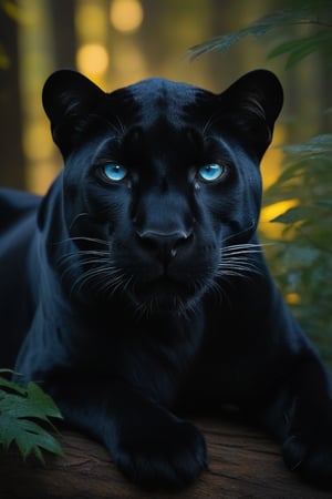 Panther's gaze seizes attention as it lounges amidst lush forest, its sleek black fur glistening in the warm, golden light. Deep blue eyes seem to pierce through the atmosphere, accentuated by intricate detail that adds depth and intensity. The epic side lighting highlights the panther's powerful physique, while bold colors of the surrounding foliage pop against the rustic tones.